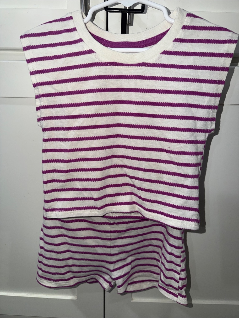 Girls' White & Purple Striped Cotton Tank Top and Shorts Set